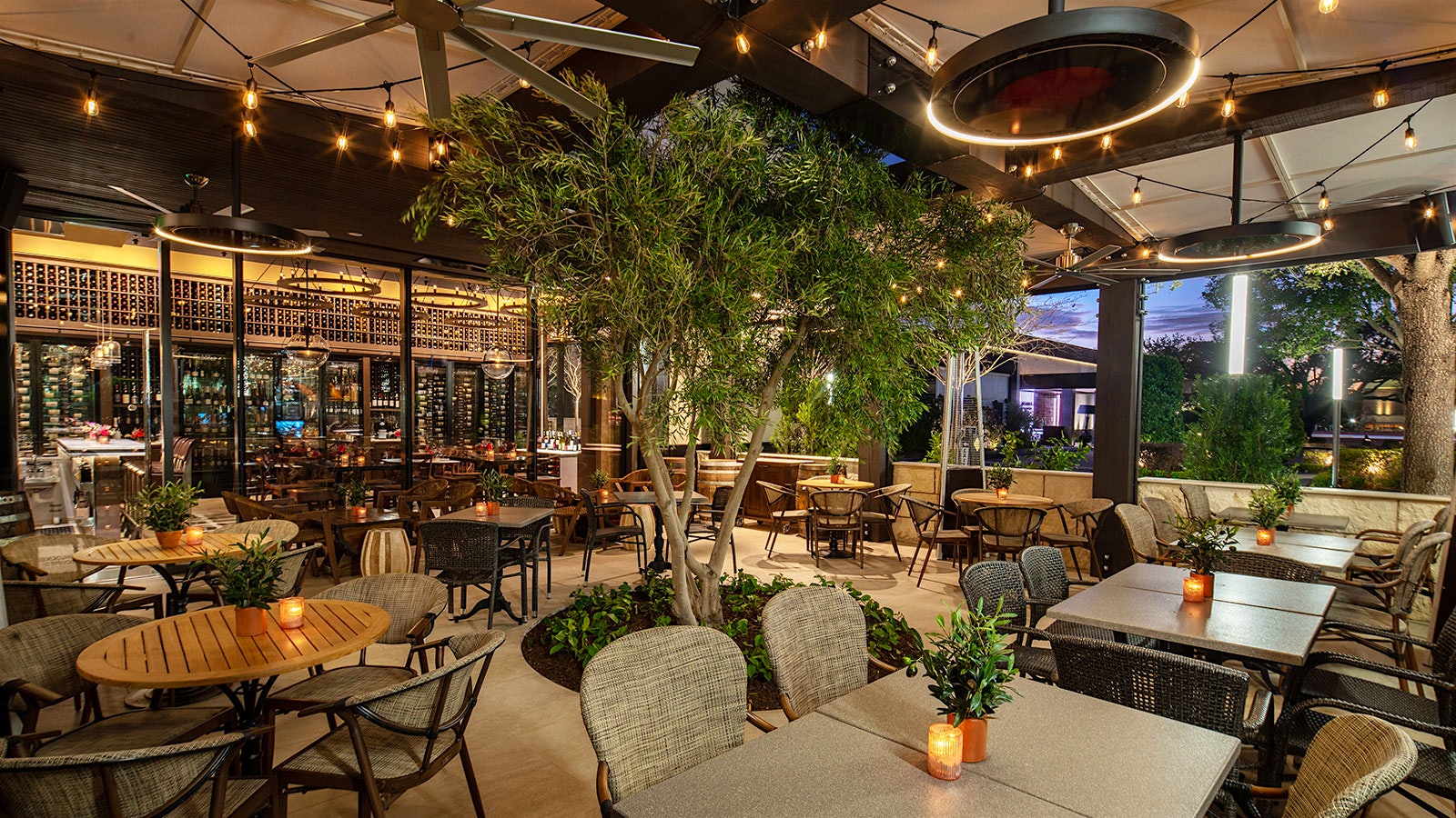     A view of the outdoor terrace overlooking the indoor space of Stella's Wine Bar 